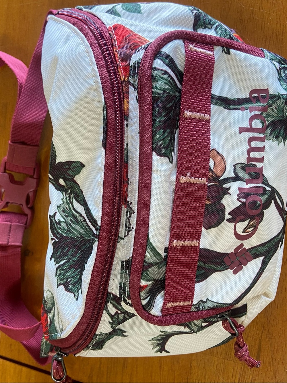 Columbia White Floral Crossbody / “Fanny Pack” with Burgundy Trim